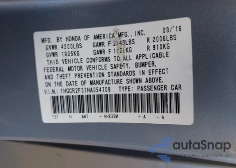 2017 Honda Accord Lx из США, поврежденный, VIN 1HGCR2F37HA054709